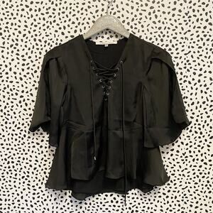 NEW Lovers + Friends Black Satin Lace Up Boulevard Blouse Size XS